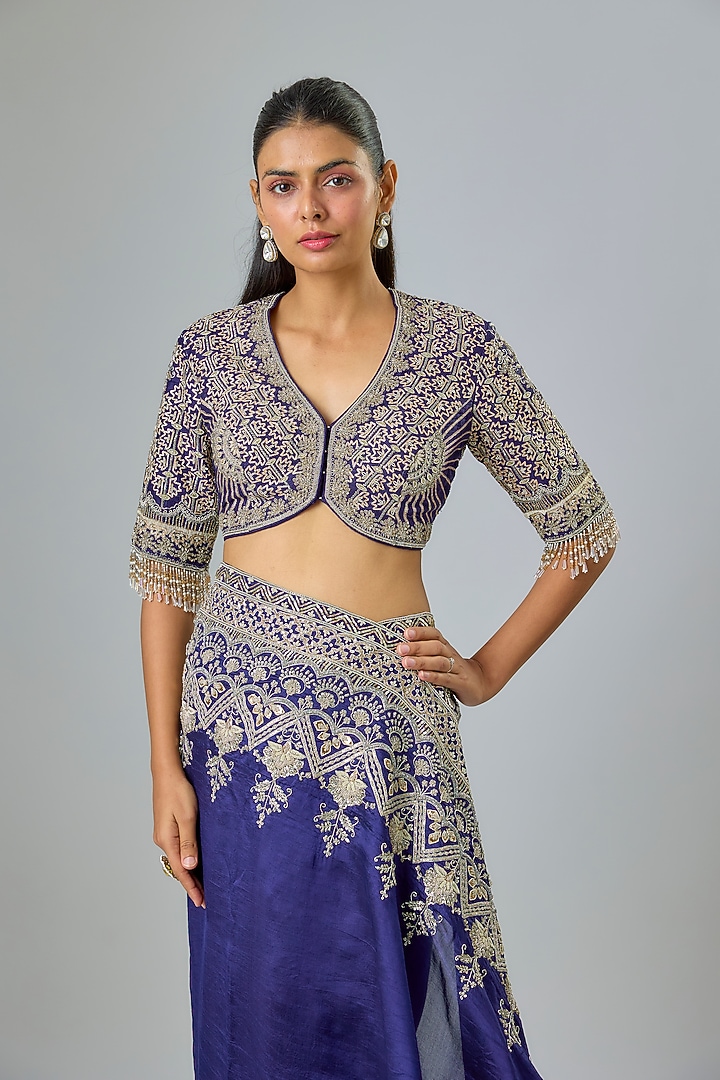 Purple Silk Zardosi Embroidered Bridal Saree Set by Jayanti Reddy at Pernia's Pop Up Shop
