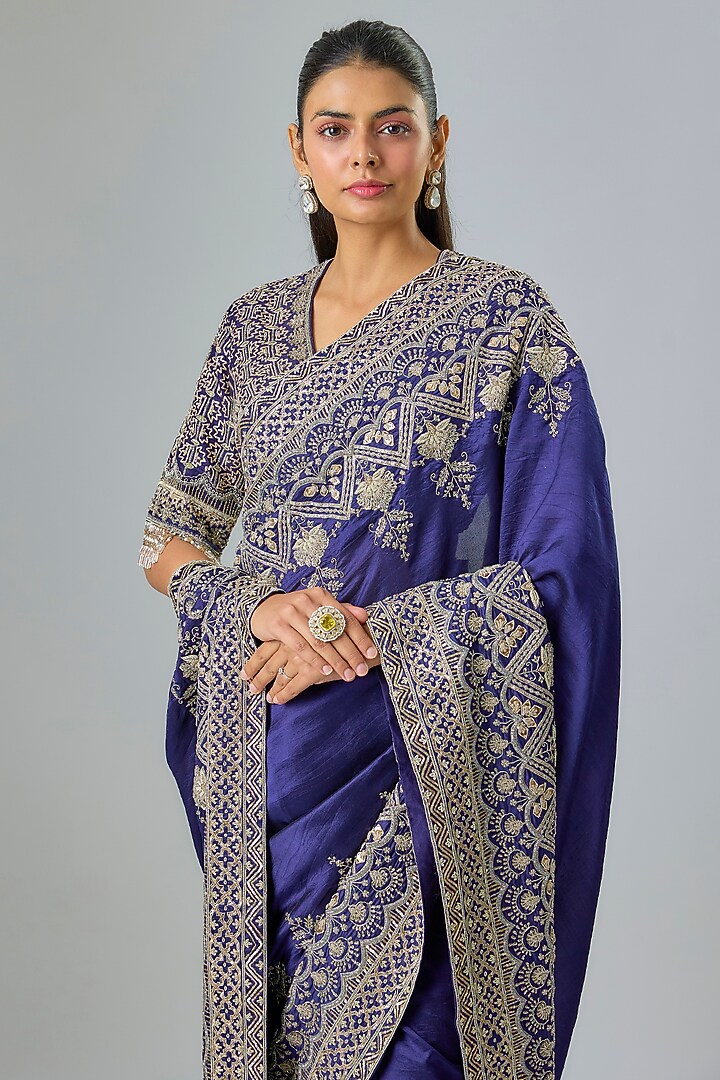 Purple Silk Zardosi Embroidered Bridal Saree Set by Jayanti Reddy at Pernia's Pop Up Shop