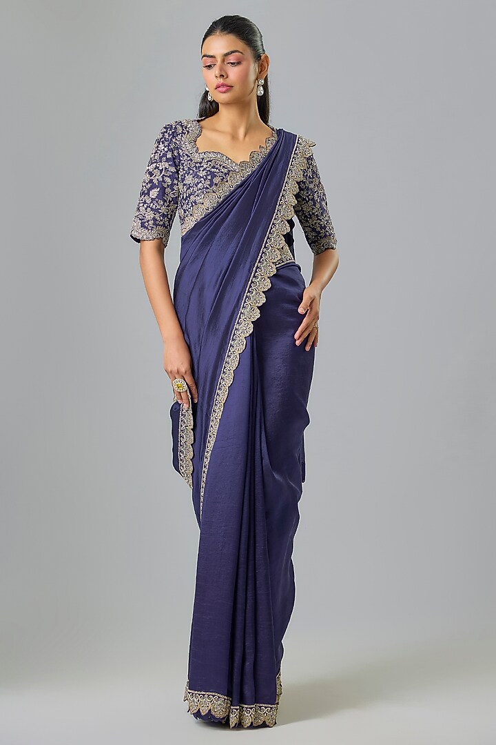 Purple Silk Zardosi Embroidered Bridal Saree Set by Jayanti Reddy at Pernia's Pop Up Shop