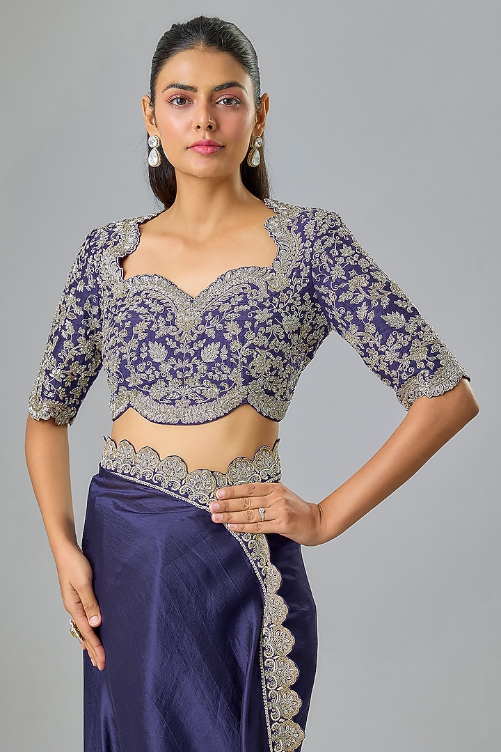 Purple Silk Zardosi Embroidered Bridal Saree Set by Jayanti Reddy at Pernia's Pop Up Shop