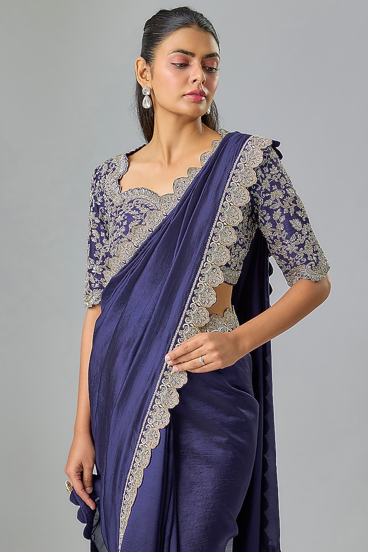 Purple Silk Zardosi Embroidered Bridal Saree Set by Jayanti Reddy at Pernia's Pop Up Shop