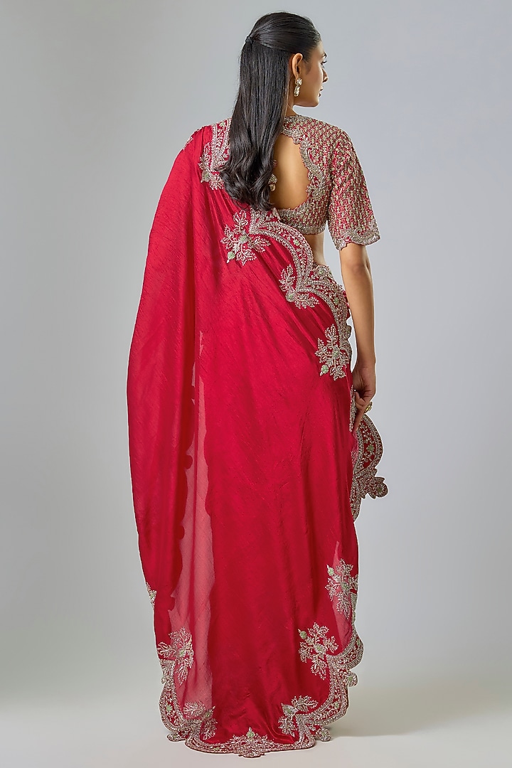 Red Silk Zardosi Embroidered Bridal Saree Set by Jayanti Reddy at Pernia's Pop Up Shop