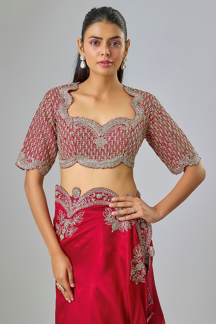 Red Silk Zardosi Embroidered Bridal Saree Set by Jayanti Reddy at Pernia's Pop Up Shop