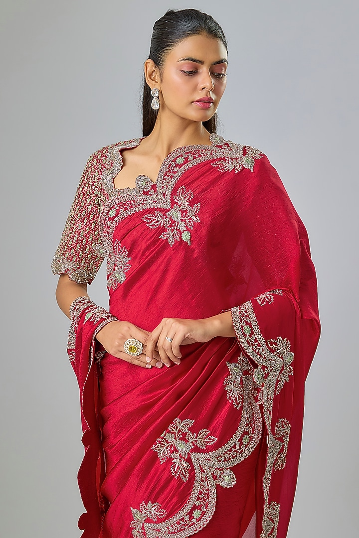 Red Silk Zardosi Embroidered Bridal Saree Set by Jayanti Reddy at Pernia's Pop Up Shop