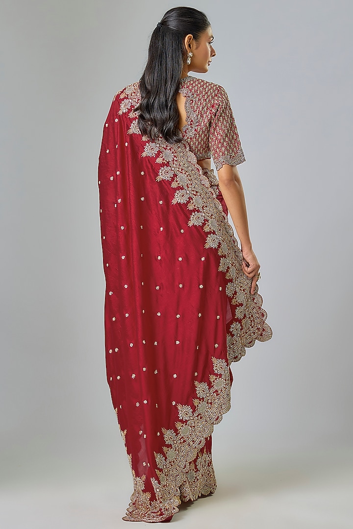 Red Silk Zardosi Embroidered Bridal Saree Set by Jayanti Reddy at Pernia's Pop Up Shop