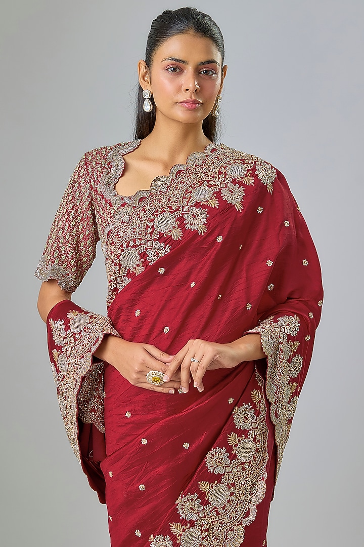 Red Silk Zardosi Embroidered Bridal Saree Set by Jayanti Reddy at Pernia's Pop Up Shop