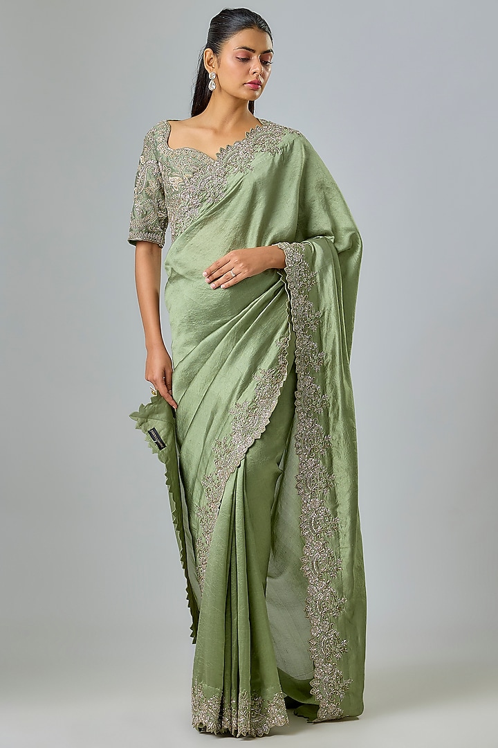 Mint Green Silk Zardosi Embroidered Bridal Saree Set by Jayanti Reddy at Pernia's Pop Up Shop