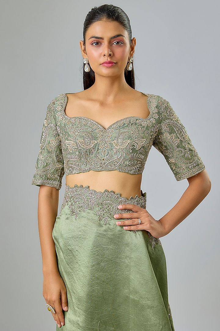 Mint Green Silk Zardosi Embroidered Bridal Saree Set by Jayanti Reddy at Pernia's Pop Up Shop