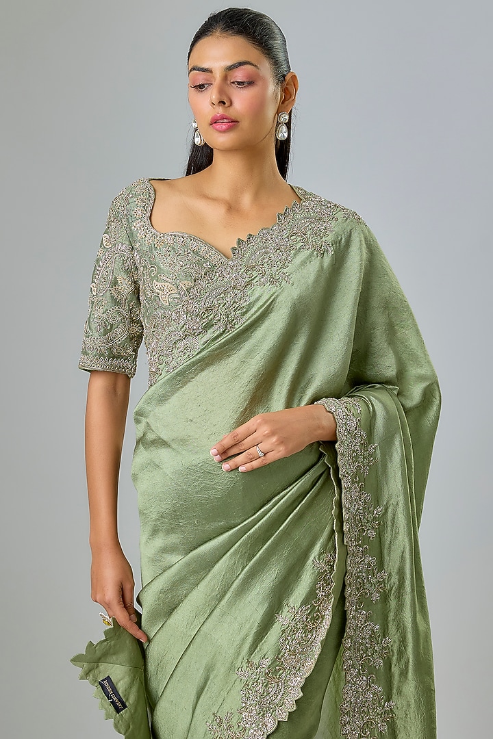 Mint Green Silk Zardosi Embroidered Bridal Saree Set by Jayanti Reddy at Pernia's Pop Up Shop