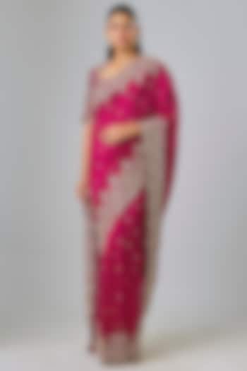 Rani Pink Silk Zardosi Embroidered Bridal Saree Set by Jayanti Reddy at Pernia's Pop Up Shop