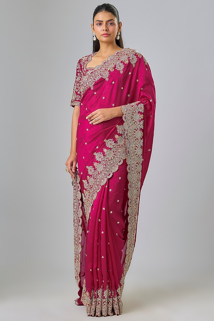 Rani Pink Silk Zardosi Embroidered Bridal Saree Set by Jayanti Reddy at Pernia's Pop Up Shop