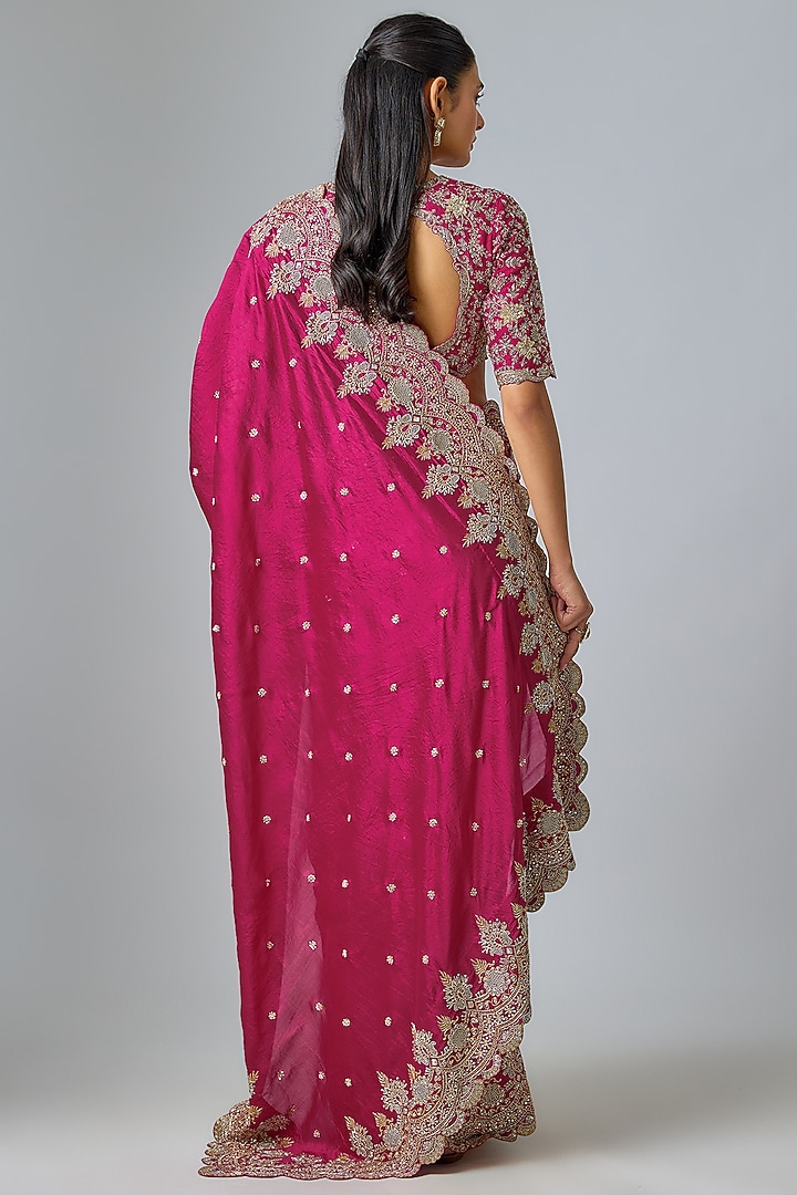 Rani Pink Silk Zardosi Embroidered Bridal Saree Set by Jayanti Reddy at Pernia's Pop Up Shop