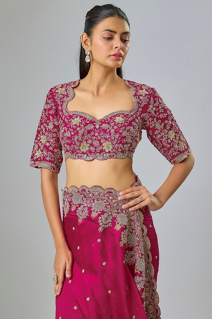 Rani Pink Silk Zardosi Embroidered Bridal Saree Set by Jayanti Reddy at Pernia's Pop Up Shop