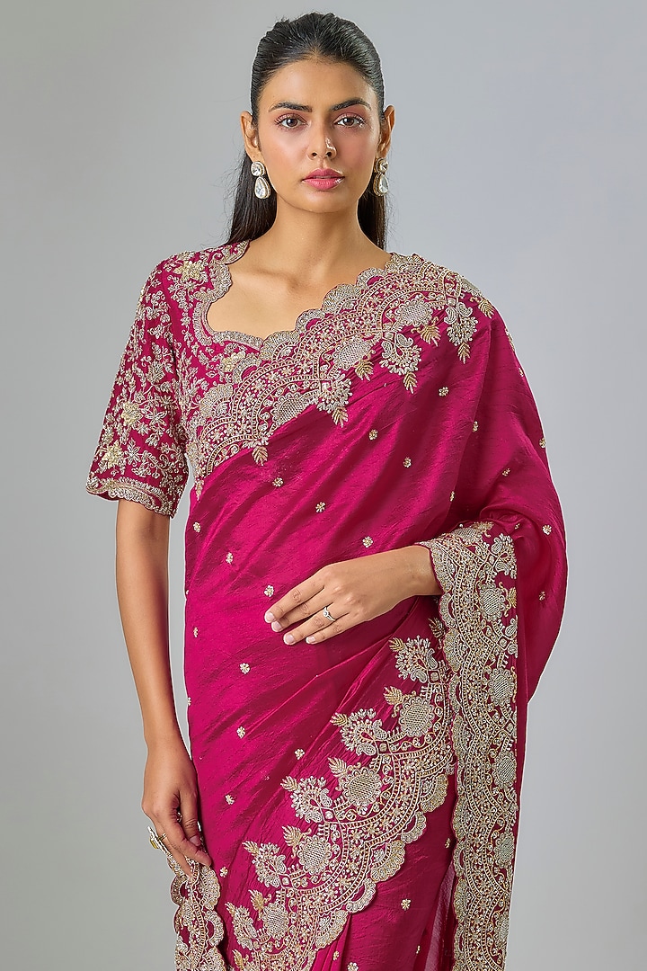 Rani Pink Silk Zardosi Embroidered Bridal Saree Set by Jayanti Reddy at Pernia's Pop Up Shop