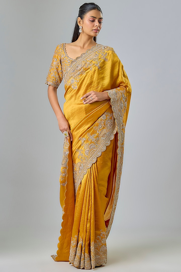 Mango Yellow Silk Zardosi Embroidered Bridal Saree Set by Jayanti Reddy at Pernia's Pop Up Shop