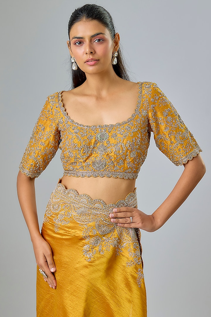 Mango Yellow Silk Zardosi Embroidered Bridal Saree Set by Jayanti Reddy at Pernia's Pop Up Shop