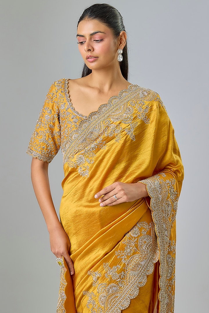 Mango Yellow Silk Zardosi Embroidered Bridal Saree Set by Jayanti Reddy at Pernia's Pop Up Shop