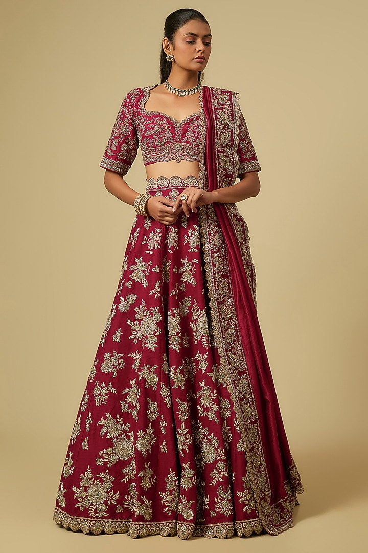 Red Raw Silk Zardosi Embroidered Bridal Lehenga Set by Jayanti Reddy at Pernia's Pop Up Shop