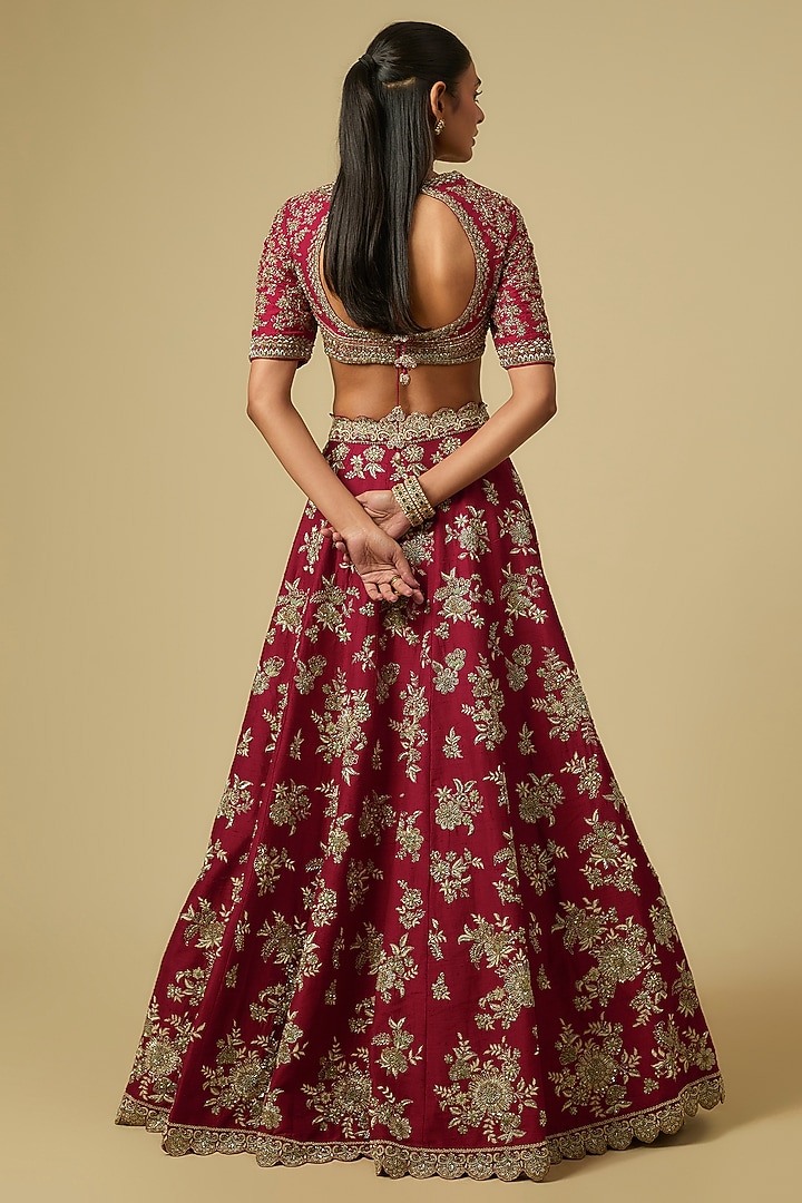 Red Raw Silk Zardosi Embroidered Bridal Lehenga Set by Jayanti Reddy at Pernia's Pop Up Shop