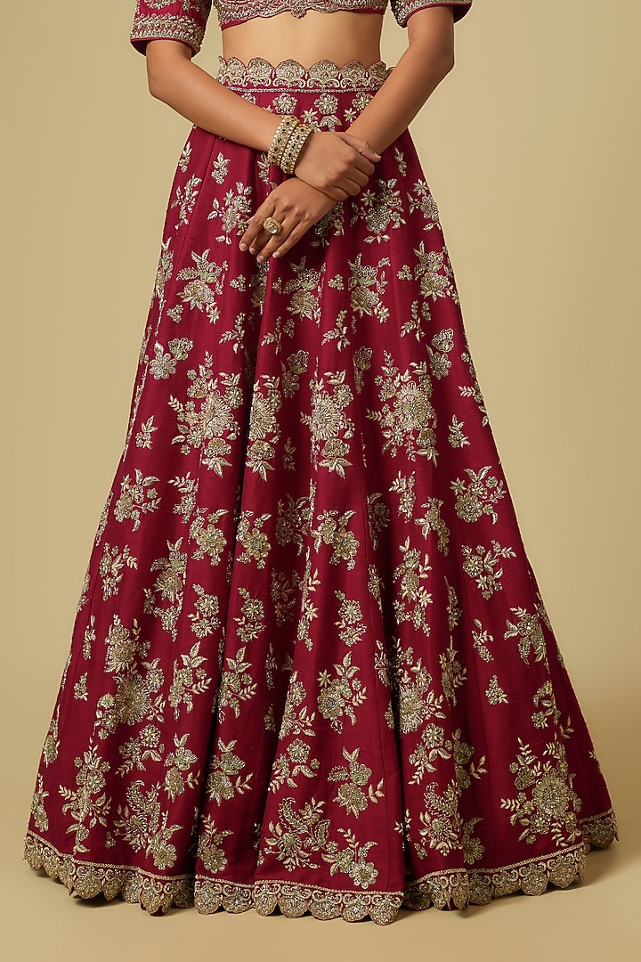 Red Raw Silk Zardosi Embroidered Bridal Lehenga Set by Jayanti Reddy at Pernia's Pop Up Shop