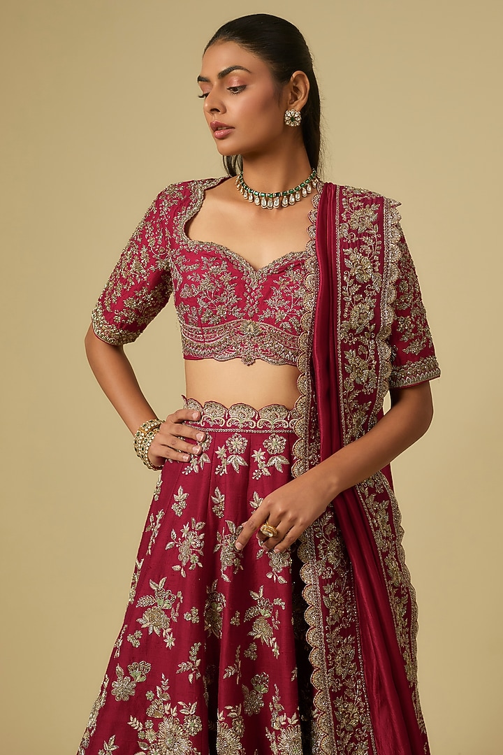 Red Raw Silk Zardosi Embroidered Bridal Lehenga Set by Jayanti Reddy at Pernia's Pop Up Shop