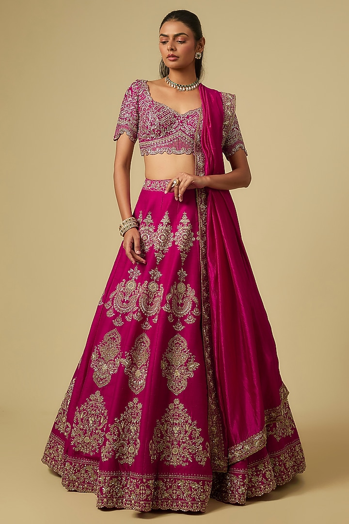 Rani Pink Raw Silk Zardosi Embroidered Bridal Lehenga Set by Jayanti Reddy at Pernia's Pop Up Shop