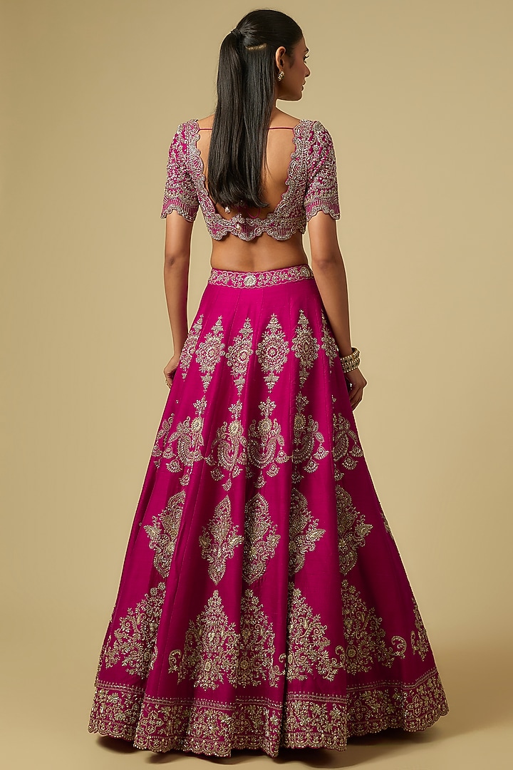 Rani Pink Raw Silk Zardosi Embroidered Bridal Lehenga Set by Jayanti Reddy at Pernia's Pop Up Shop