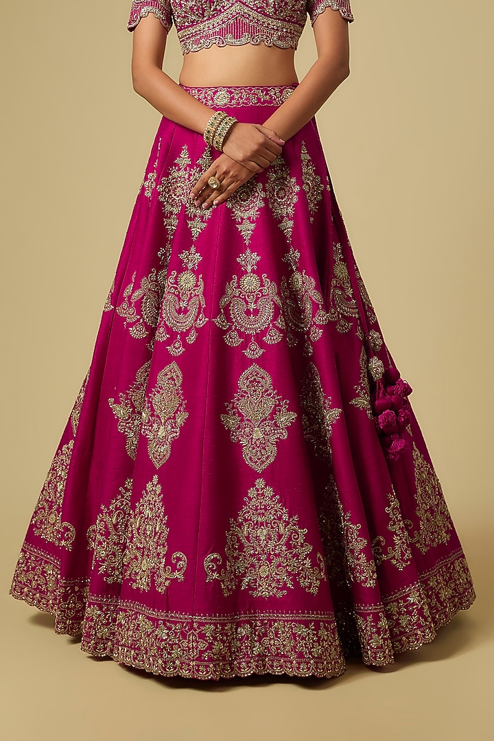 Rani Pink Raw Silk Zardosi Embroidered Bridal Lehenga Set by Jayanti Reddy at Pernia's Pop Up Shop