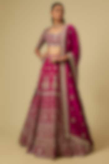 Rani Pink Raw Silk Zardosi Embroidered Bridal Lehenga Set by Jayanti Reddy at Pernia's Pop Up Shop