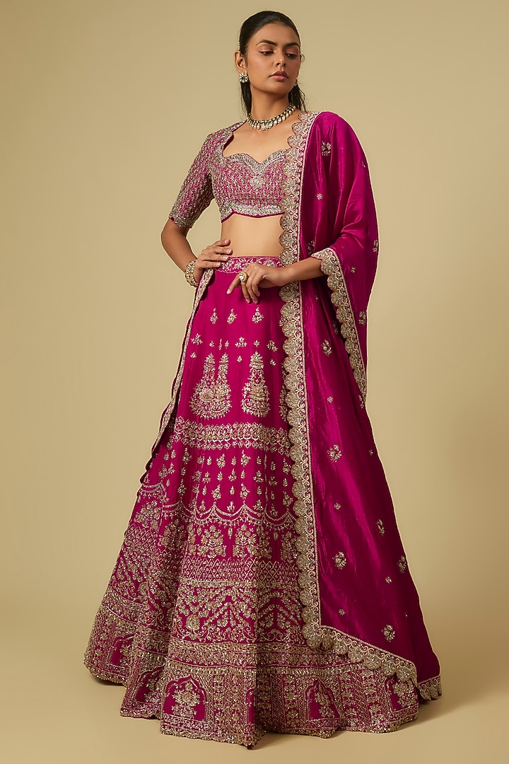 Rani Pink Raw Silk Zardosi Embroidered Bridal Lehenga Set by Jayanti Reddy at Pernia's Pop Up Shop