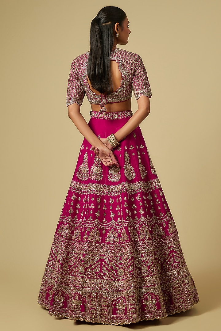 Rani Pink Raw Silk Zardosi Embroidered Bridal Lehenga Set by Jayanti Reddy at Pernia's Pop Up Shop