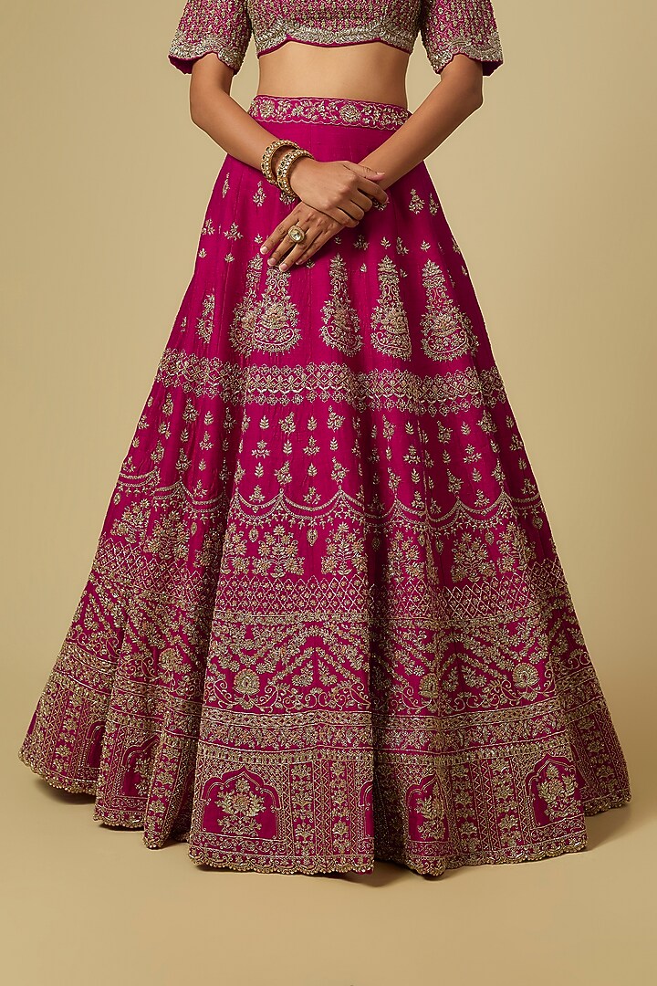 Rani Pink Raw Silk Zardosi Embroidered Bridal Lehenga Set by Jayanti Reddy at Pernia's Pop Up Shop