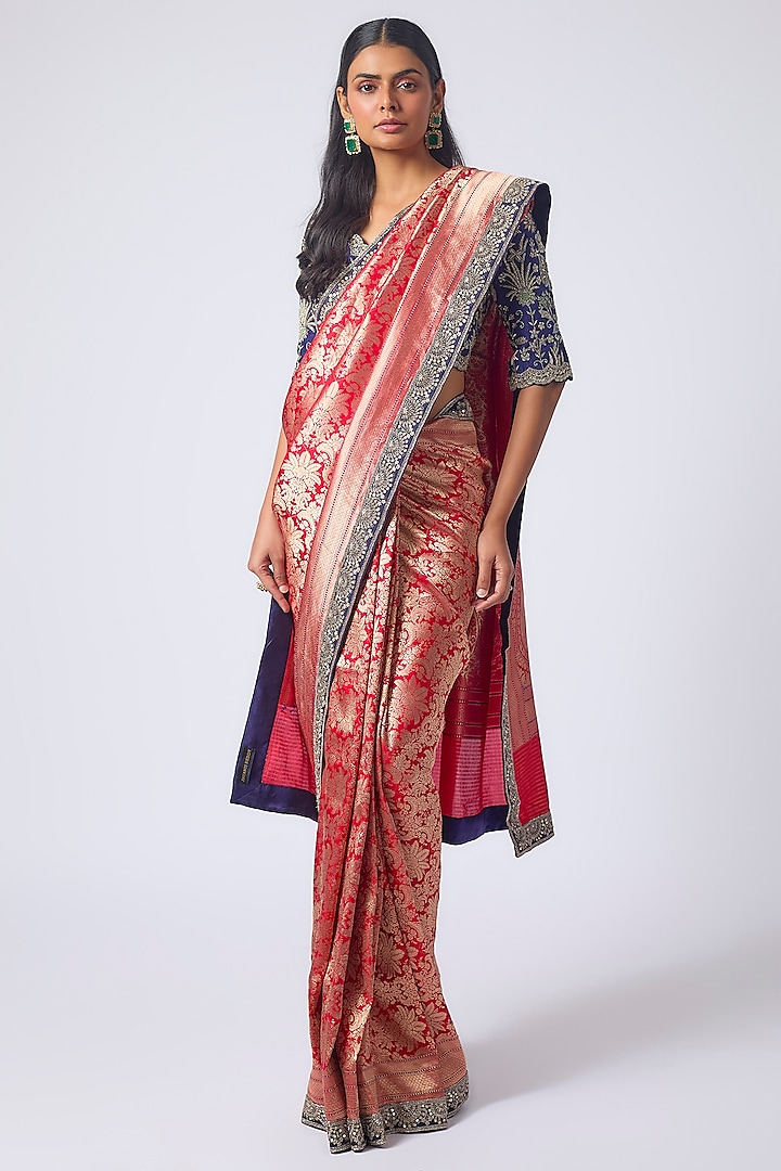 Red Banarasi Zardosi Embroidered Bridal Saree Set by Jayanti Reddy at Pernia's Pop Up Shop