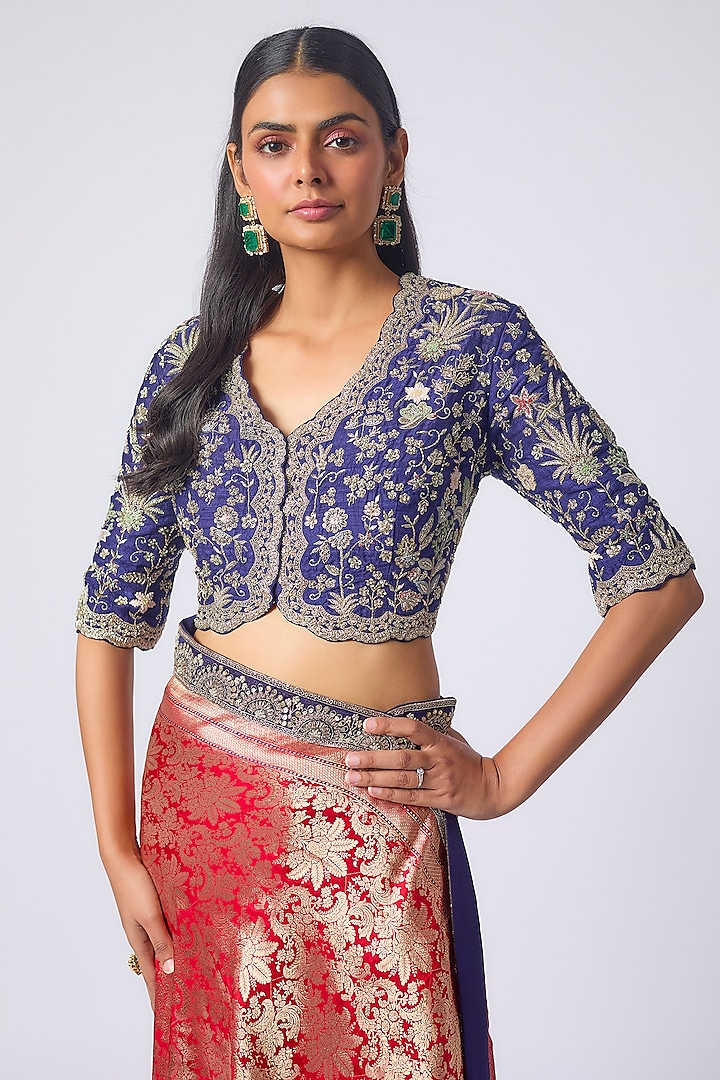 Red Banarasi Zardosi Embroidered Bridal Saree Set by Jayanti Reddy at Pernia's Pop Up Shop
