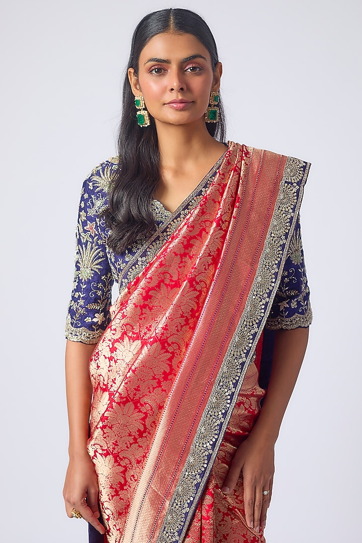 Red Banarasi Zardosi Embroidered Bridal Saree Set by Jayanti Reddy at Pernia's Pop Up Shop