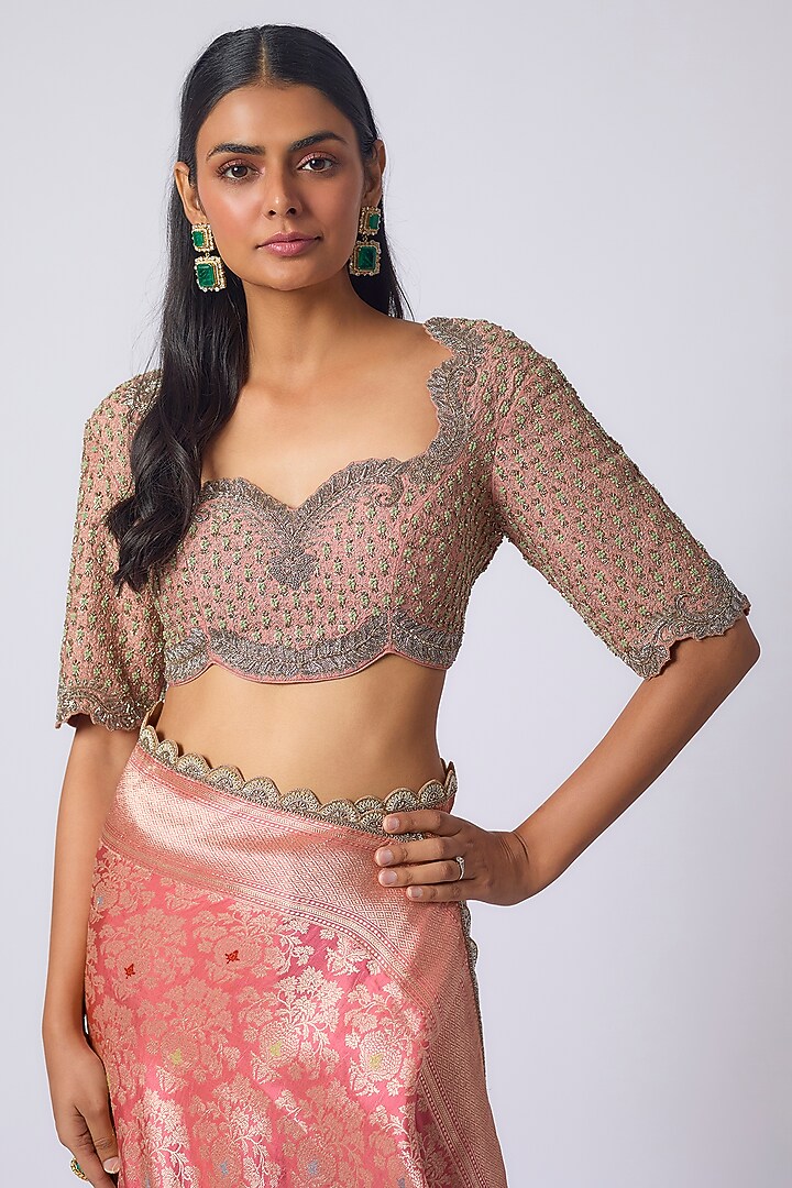 Peach Banarasi Zardosi Embroidered Bridal Saree Set by Jayanti Reddy at Pernia's Pop Up Shop