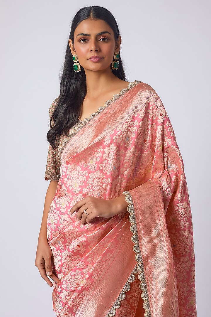 Peach Banarasi Zardosi Embroidered Bridal Saree Set by Jayanti Reddy at Pernia's Pop Up Shop