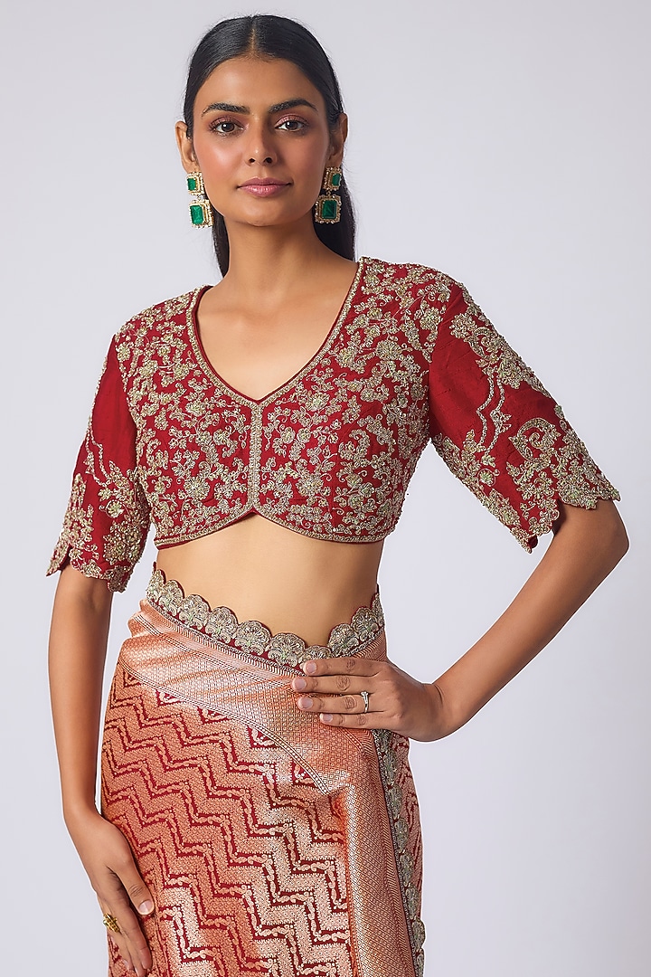Red Banarasi Zardosi Embroidered Bridal Saree Set by Jayanti Reddy at Pernia's Pop Up Shop