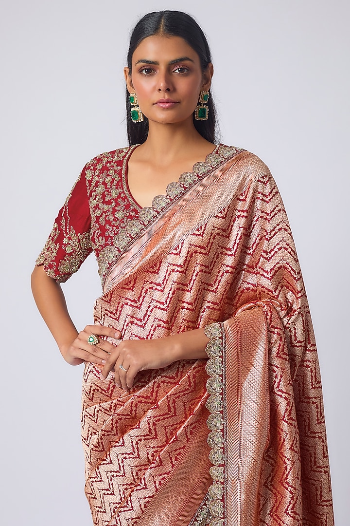 Red Banarasi Zardosi Embroidered Bridal Saree Set by Jayanti Reddy at Pernia's Pop Up Shop