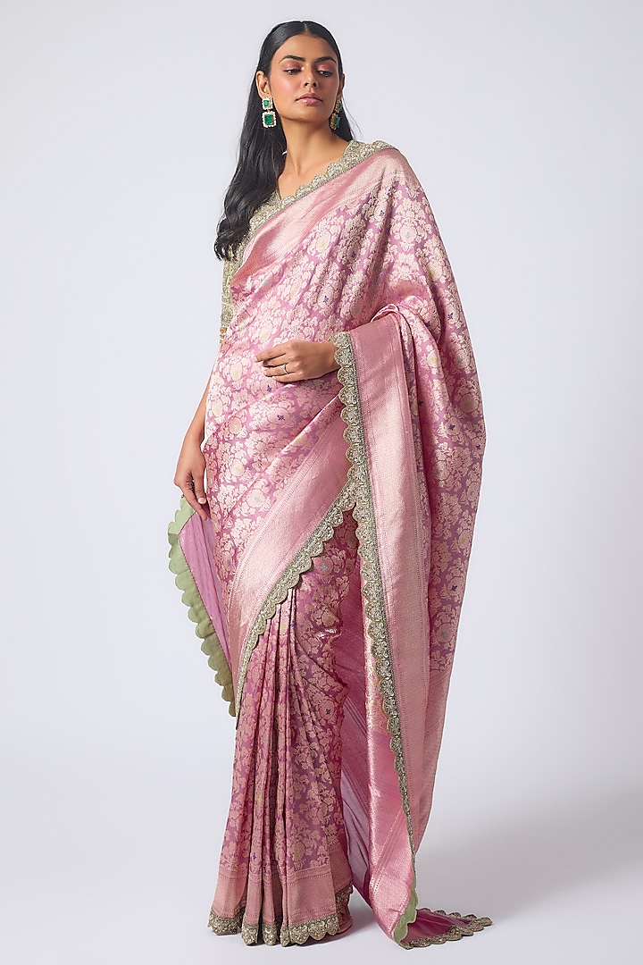 Pink Banarasi Zardosi Embroidered Bridal Saree Set by Jayanti Reddy at Pernia's Pop Up Shop