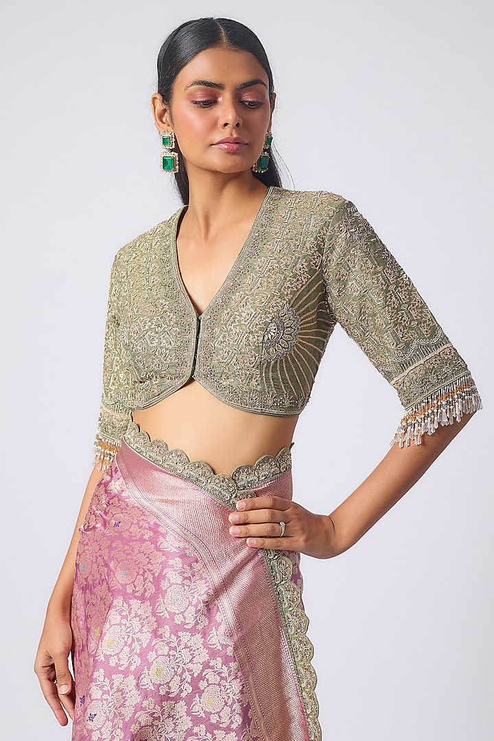 Pink Banarasi Zardosi Embroidered Bridal Saree Set by Jayanti Reddy at Pernia's Pop Up Shop