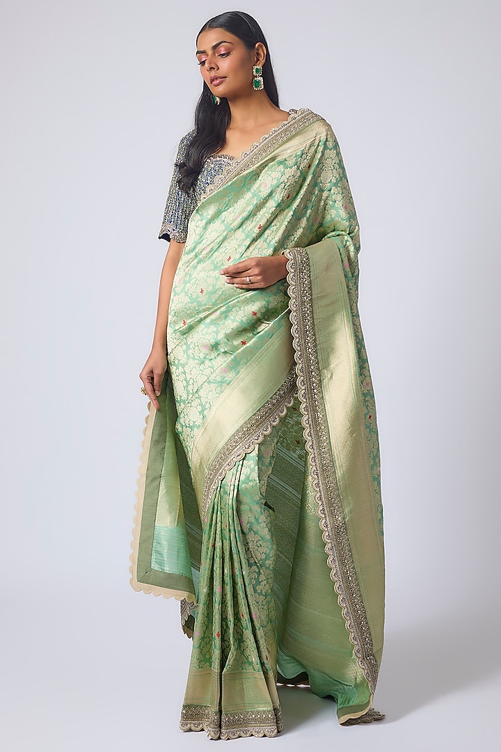 Mint Green Banarasi Zardosi Embroidered Bridal Saree Set by Jayanti Reddy at Pernia's Pop Up Shop