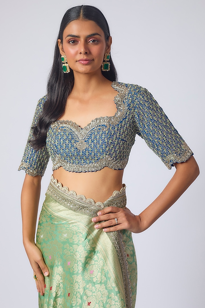 Mint Green Banarasi Zardosi Embroidered Bridal Saree Set by Jayanti Reddy at Pernia's Pop Up Shop