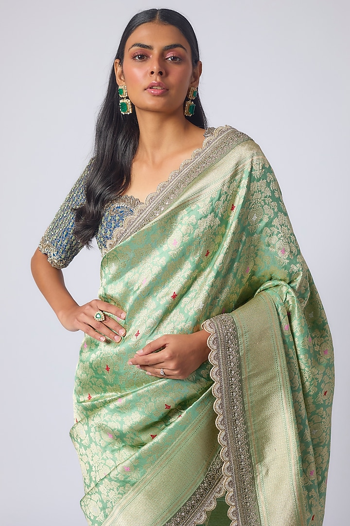 Mint Green Banarasi Zardosi Embroidered Bridal Saree Set by Jayanti Reddy at Pernia's Pop Up Shop