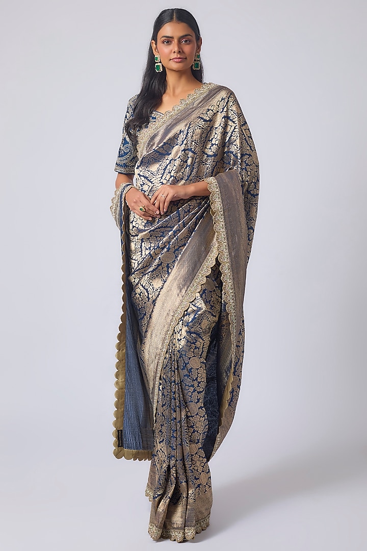 Navy Blue Banarasi Zardosi Embroidered Bridal Saree Set by Jayanti Reddy at Pernia's Pop Up Shop