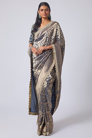 Navy Blue Banarasi Zardosi Embroidered Saree Set by Jayanti Reddy