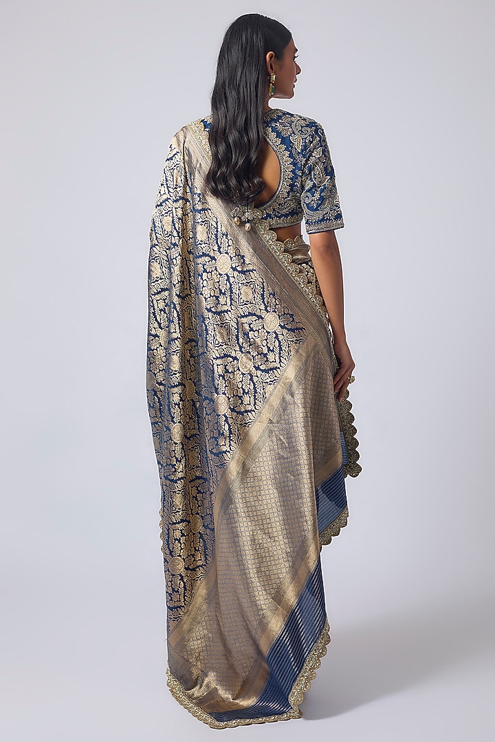 Navy Blue Banarasi Zardosi Embroidered Bridal Saree Set by Jayanti Reddy at Pernia's Pop Up Shop