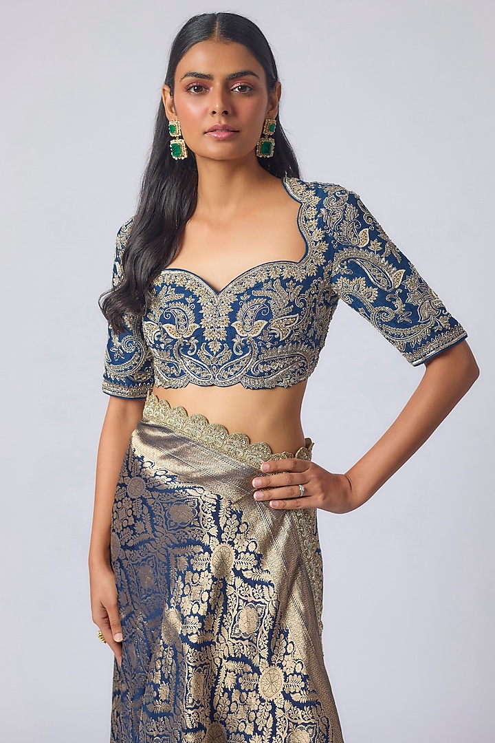 Navy Blue Banarasi Zardosi Embroidered Bridal Saree Set by Jayanti Reddy at Pernia's Pop Up Shop