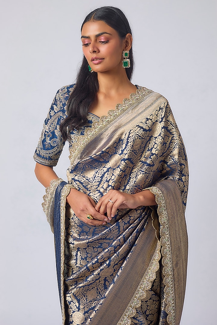 Navy Blue Banarasi Zardosi Embroidered Bridal Saree Set by Jayanti Reddy at Pernia's Pop Up Shop
