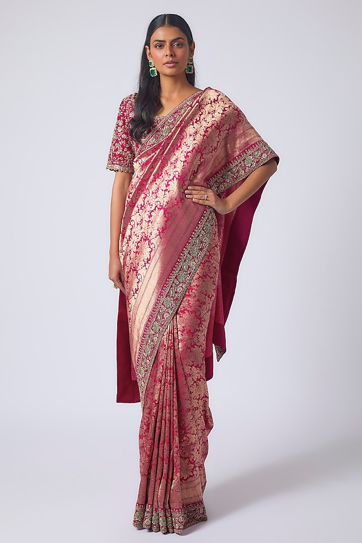 Pink Banarasi Zardosi Embroidered Bridal Saree Set by Jayanti Reddy at Pernia's Pop Up Shop